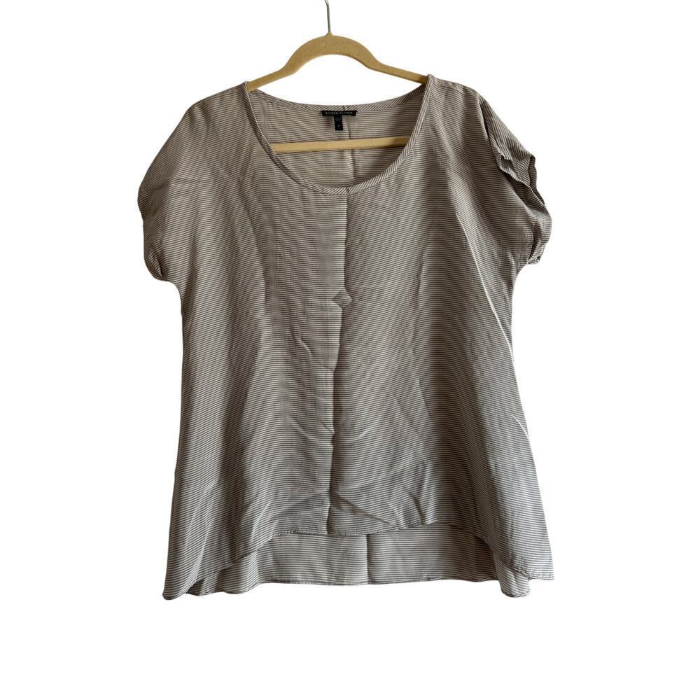 Eileen Fisher Grey White Striped Short Sleeve Silk Top Sz S